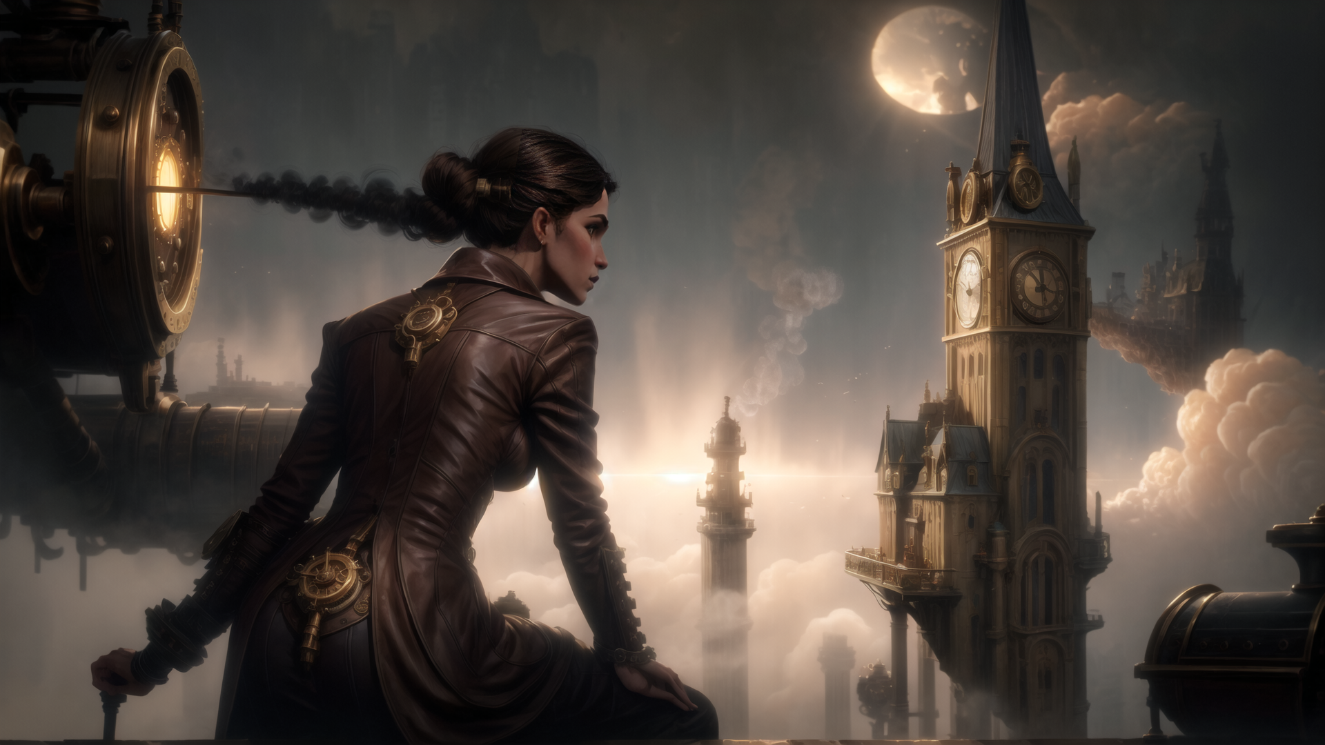 AI generated wallpaper featuring woman, clock tower, steampunk machine