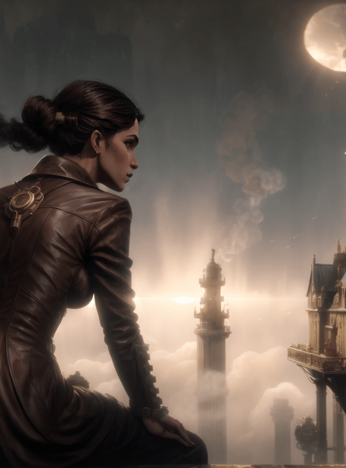 woman, clock tower, steampunk machine