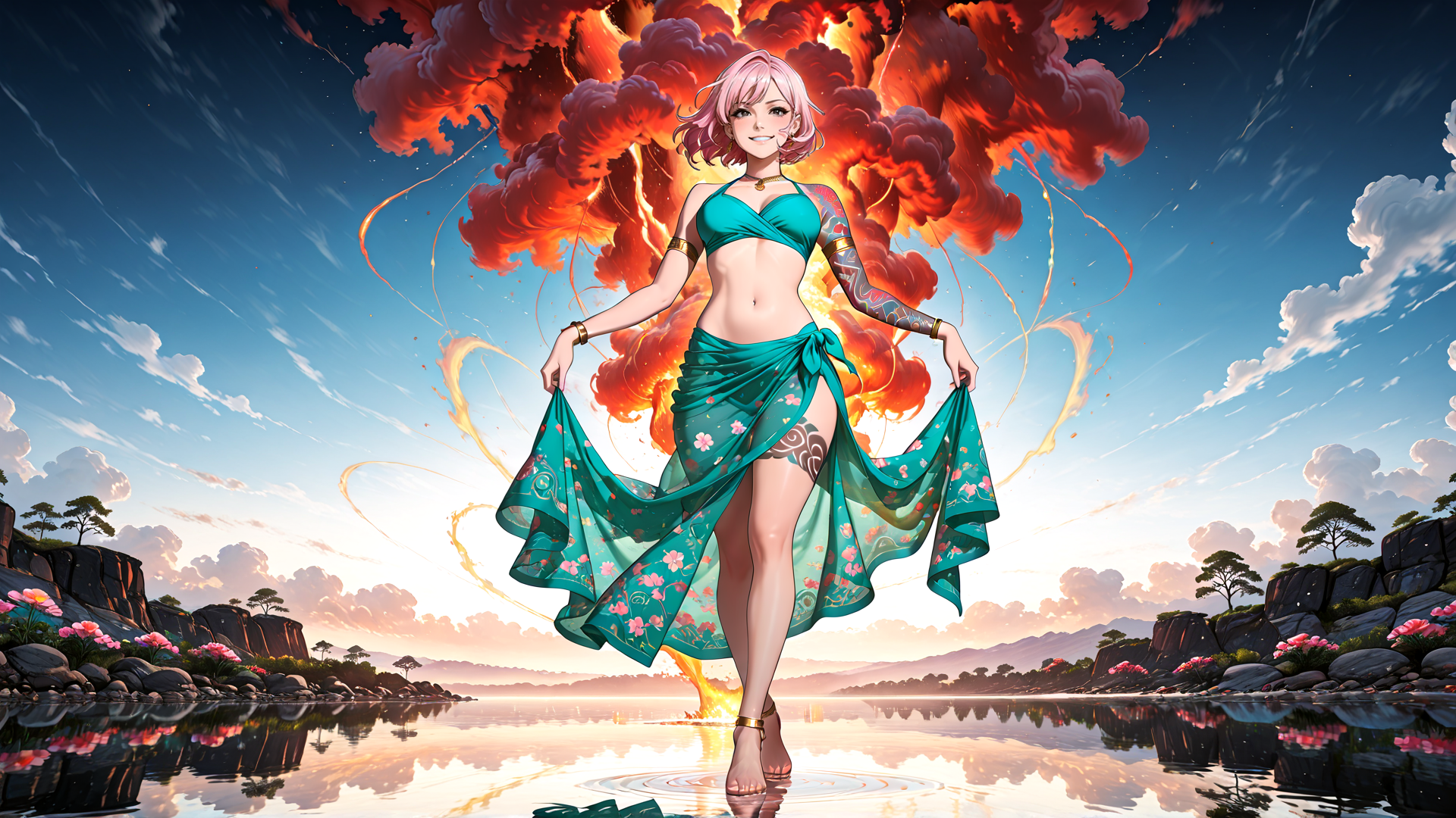 AI generated wallpaper featuring woman, fire, water, sky, rocks, flowers