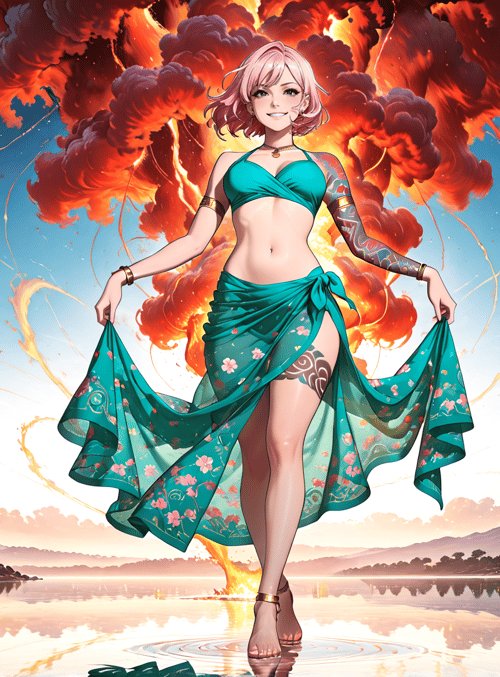 woman, fire, water, sky, rocks, flowers