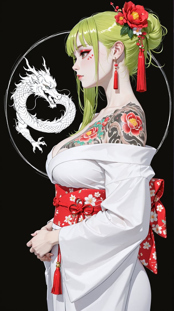 AI generated wallpaper featuring woman, dragon, tattoo, kimono, flower, earring, sash, hair