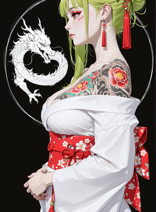 woman, dragon, tattoo, kimono, flower, earring, sash, hair