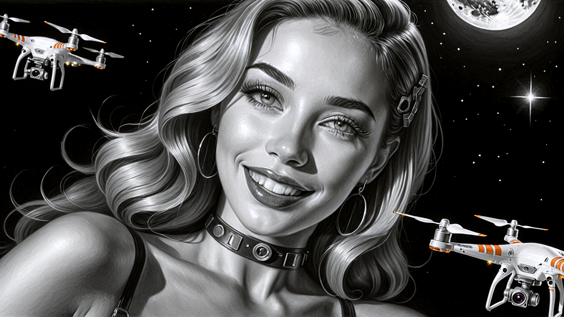 AI generated wallpaper featuring woman, drones, moon, stars, hair