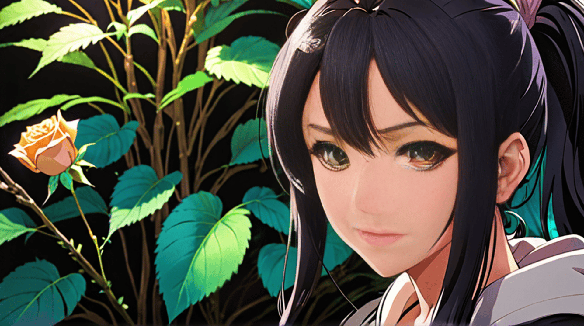 AI generated wallpaper featuring girl, rose, plants