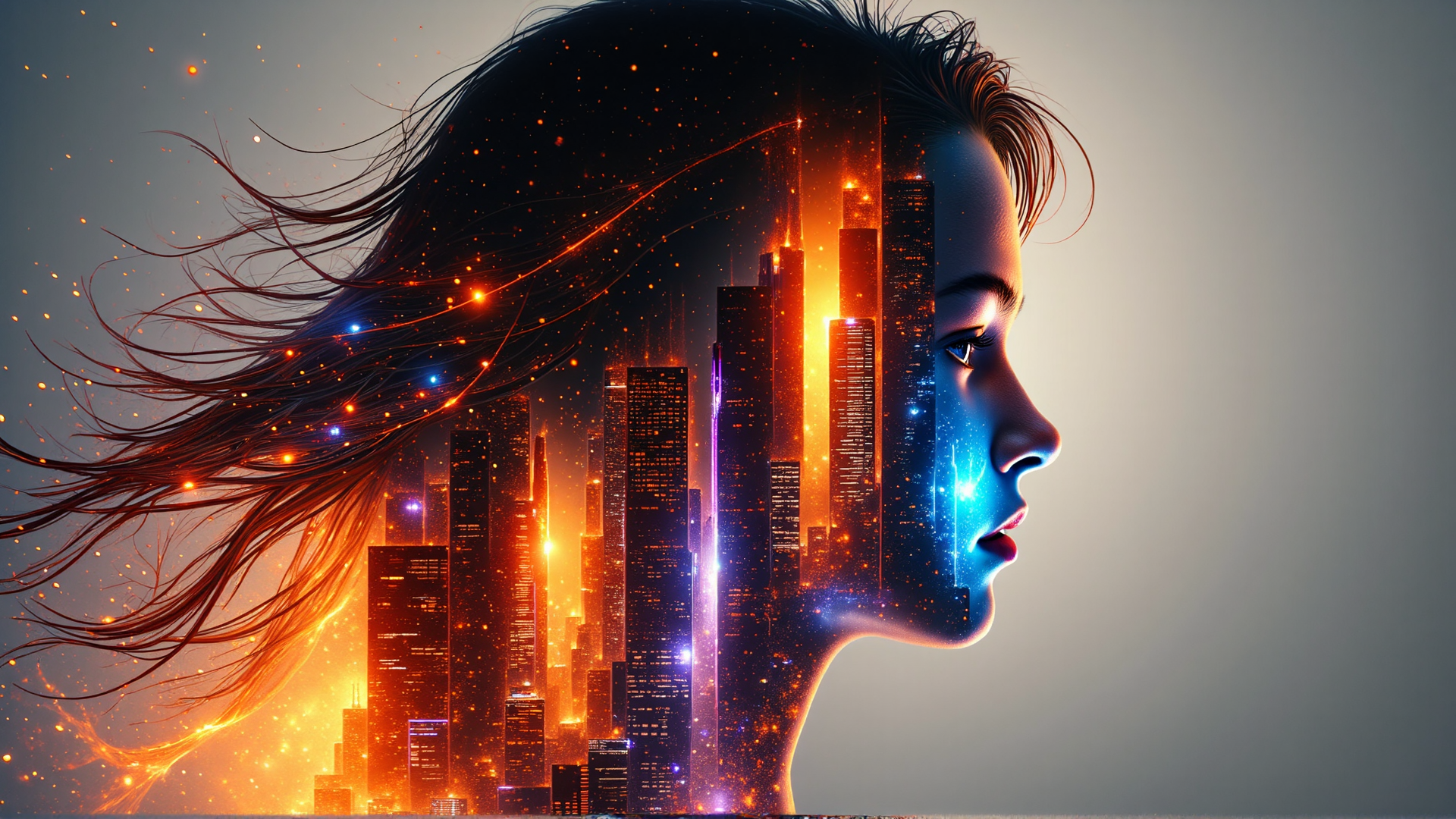 AI generated wallpaper featuring woman, cityscape, hair
