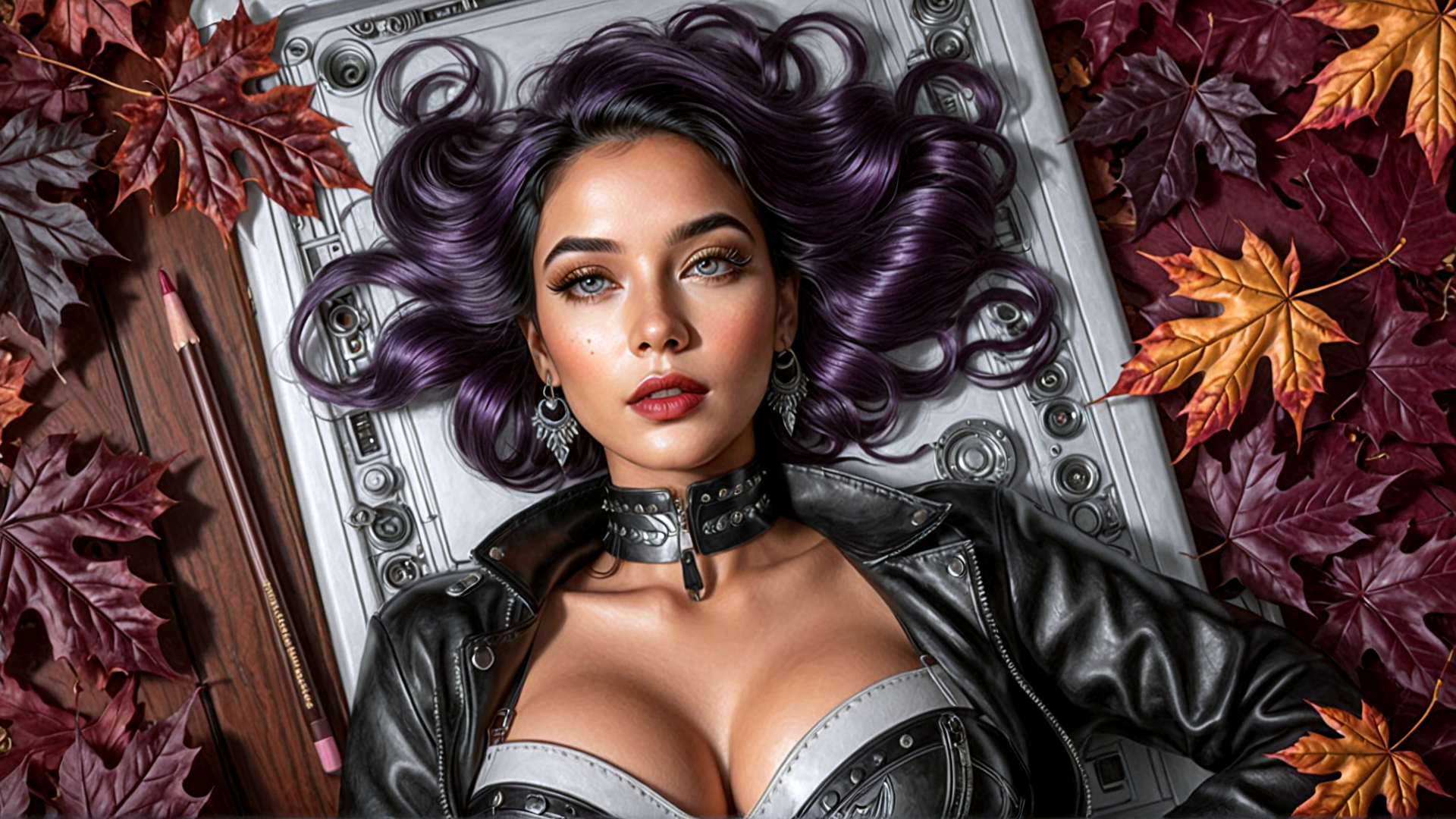 AI generated wallpaper featuring woman, leather jacket, maple leaves, choker, earrings, hair