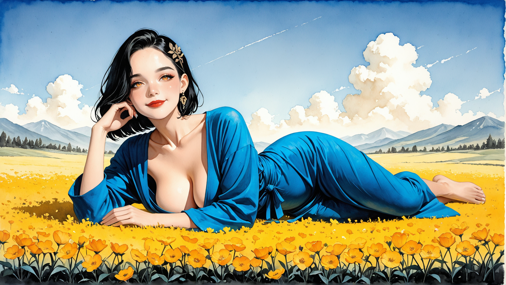AI generated wallpaper featuring woman, field, flowers, mountains, sky, dress