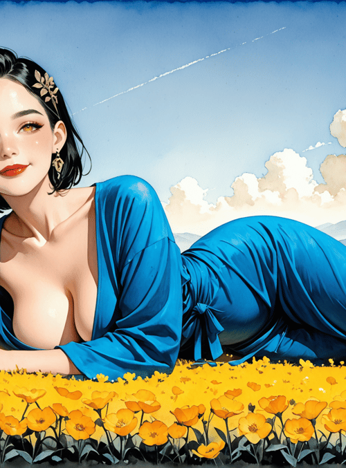 woman, field, flowers, mountains, sky, dress