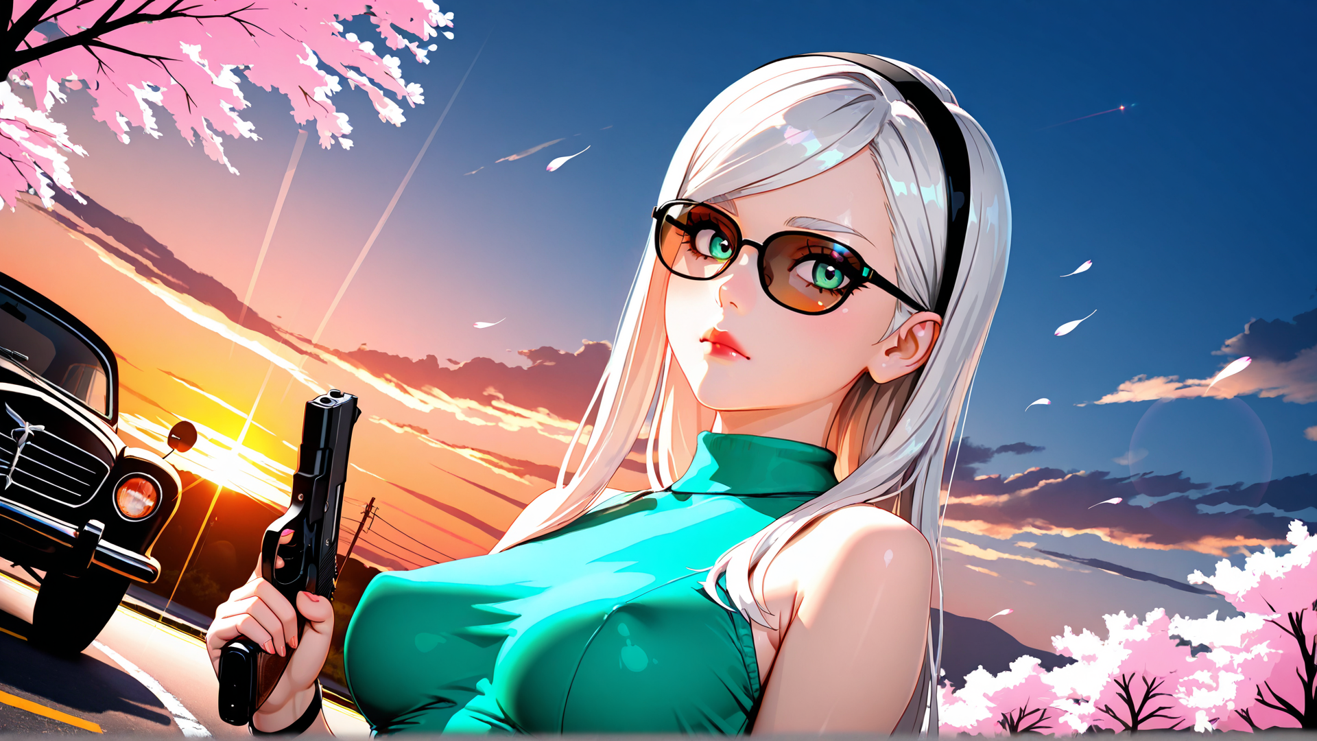 AI generated wallpaper featuring woman, gun, car, cherry blossom, sunglasses, sunset, sky, tree, hair, dress