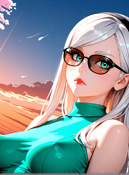 woman, gun, car, cherry blossom, sunglasses, sunset, sky, tree, hair, dress