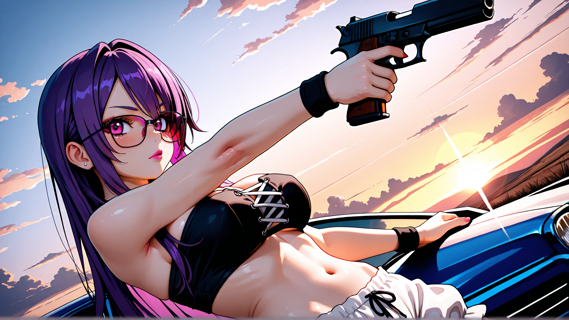 AI generated wallpaper featuring woman, gun, car, glasses, hair, sunset