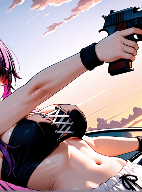 woman, gun, car, glasses, hair, sunset
