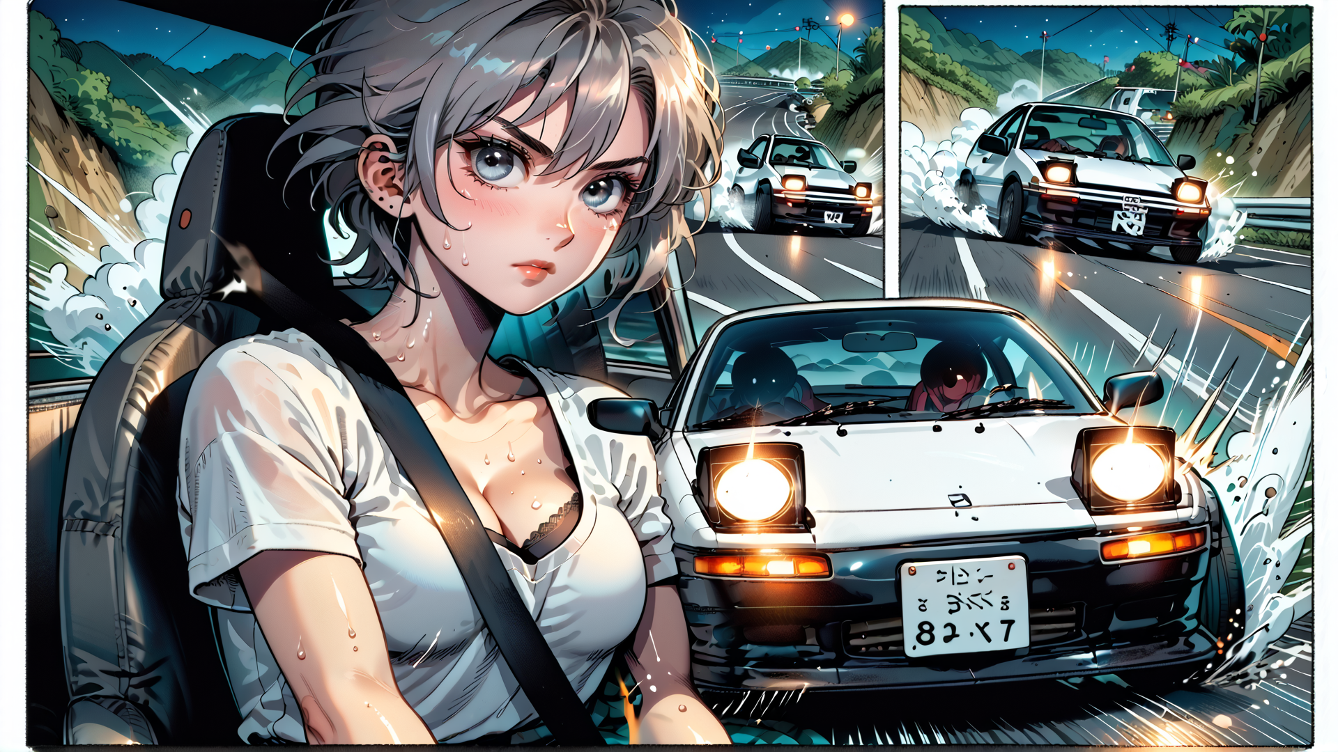 AI generated wallpaper featuring girl, car, road, mountain, speed, drifting, seatbelt, sweat, license plate, headlight
