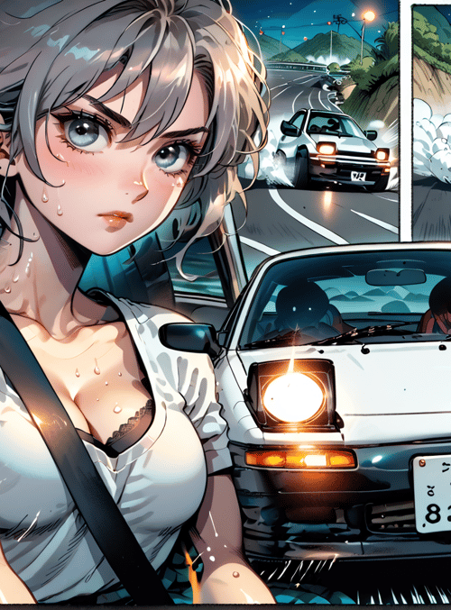 girl, car, road, mountain, speed, drifting, seatbelt, sweat, license plate, headlight