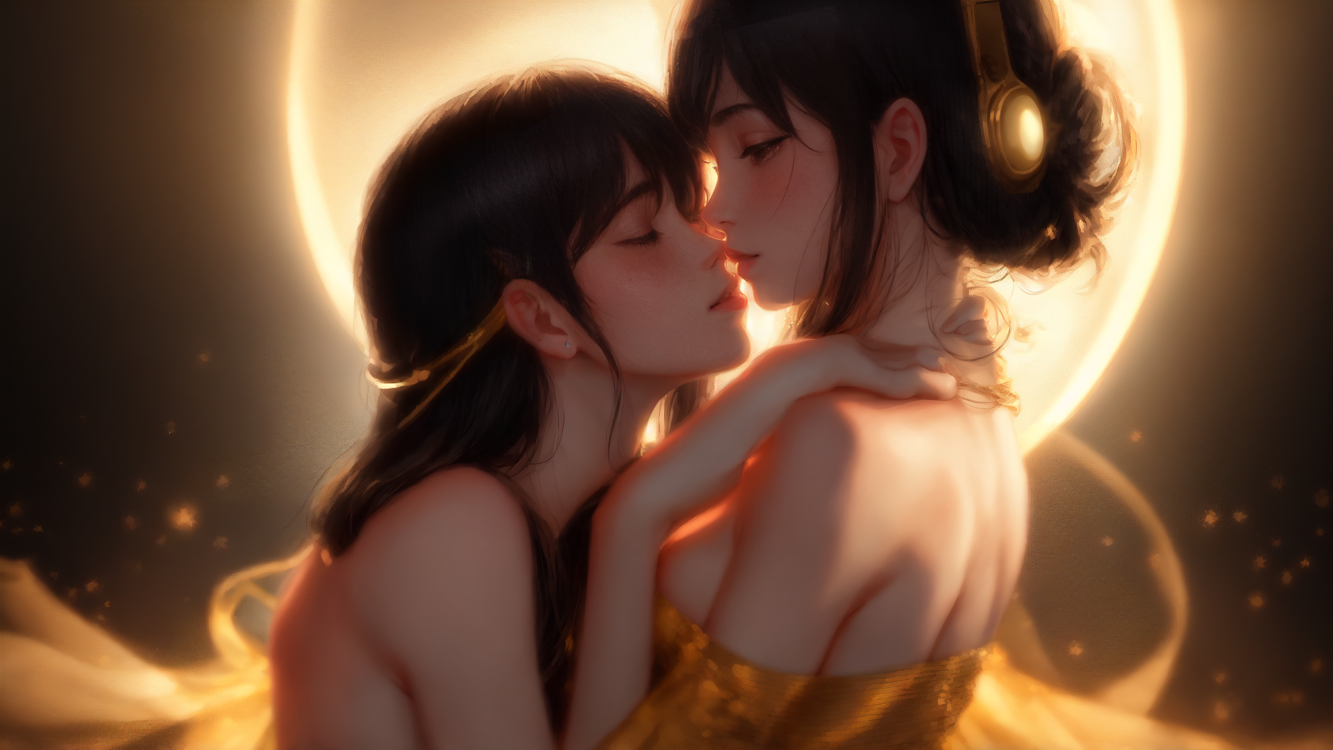 AI generated wallpaper featuring women, kiss, headphones