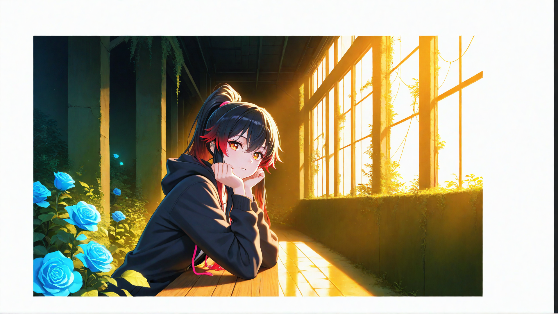 AI generated wallpaper featuring girl, roses, window