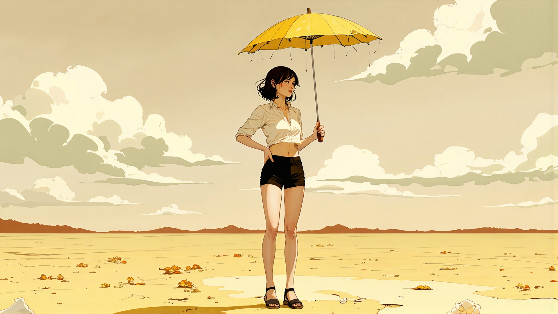 AI generated wallpaper featuring woman, umbrella, beach, sand, clouds, shorts, shoes, shirt, sky, mountains