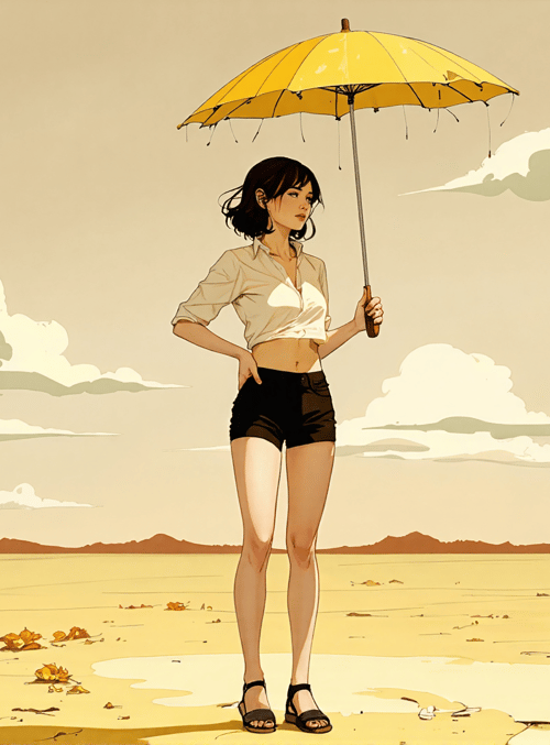 woman, umbrella, beach, sand, clouds, shorts, shoes, shirt, sky, mountains