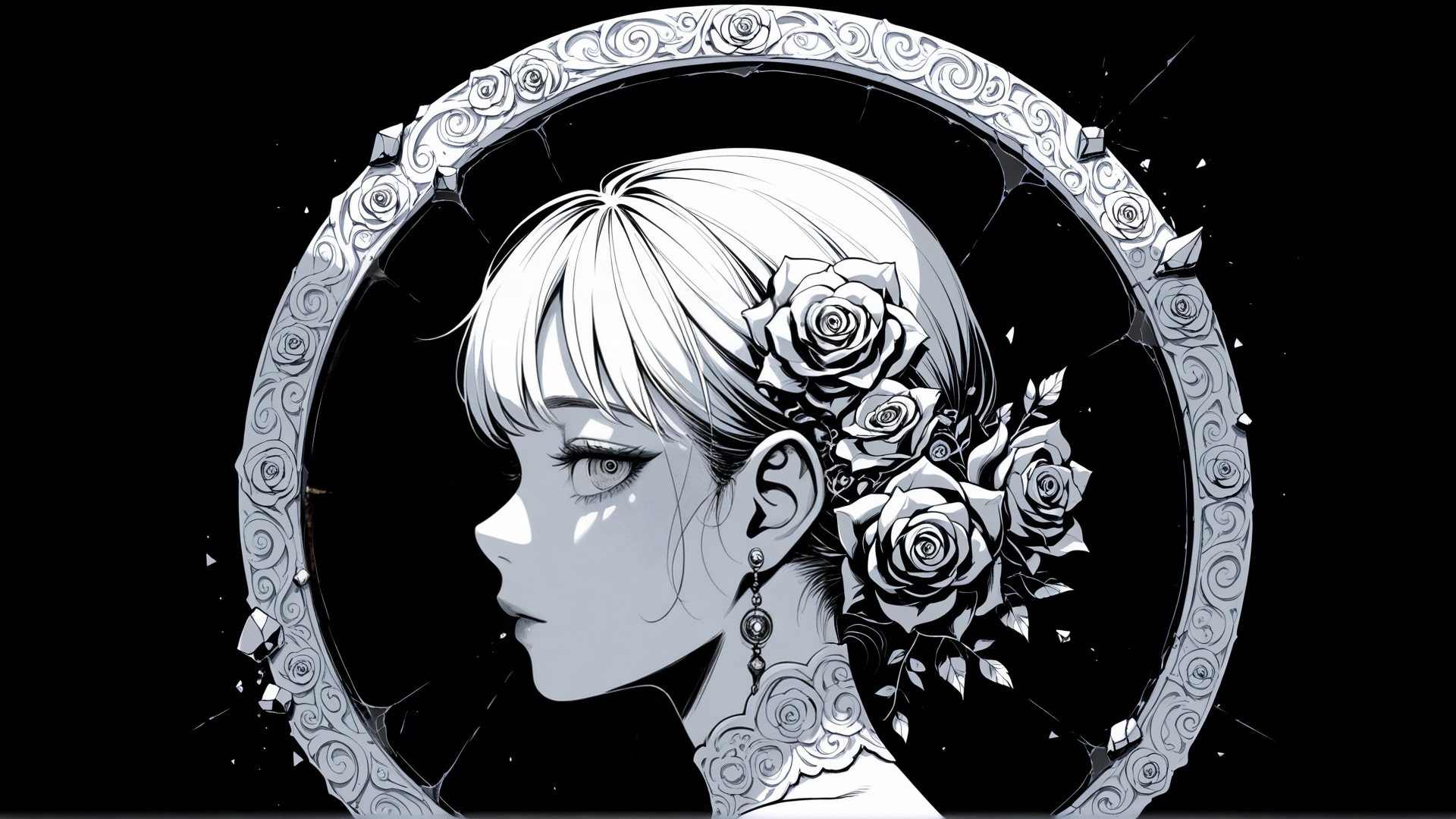 AI generated wallpaper featuring woman, roses, frame