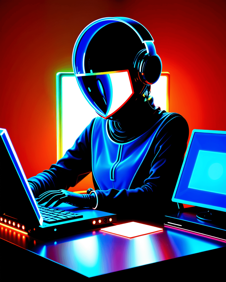 AI generated wallpaper featuring person, laptop, monitor, headset, desk