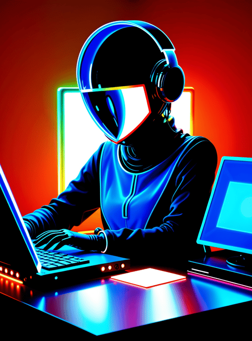 person, laptop, monitor, headset, desk