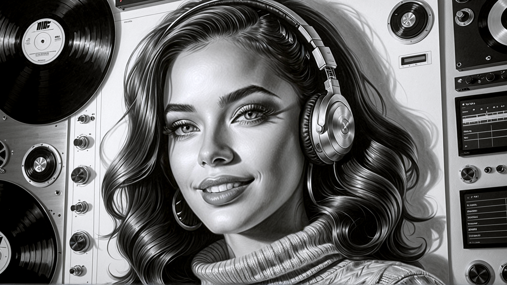 AI generated wallpaper featuring woman, headphones, vinyl records, audio equipment, hair