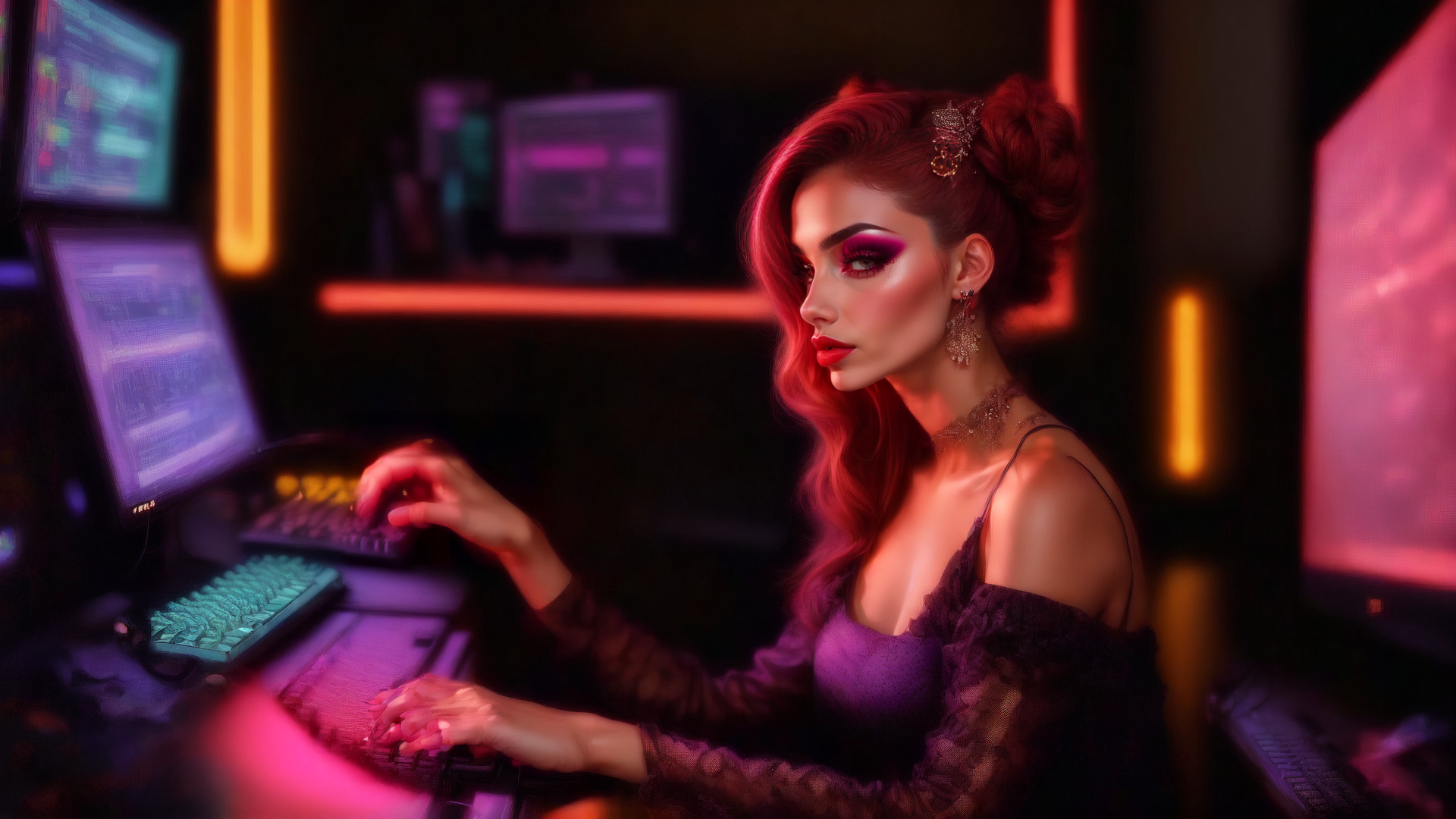 AI generated wallpaper featuring woman, computer, gaming