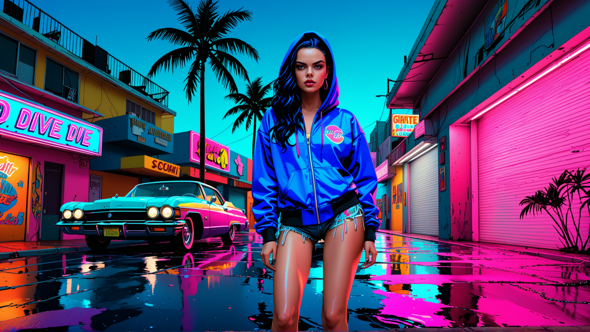 AI generated wallpaper featuring woman, car, street