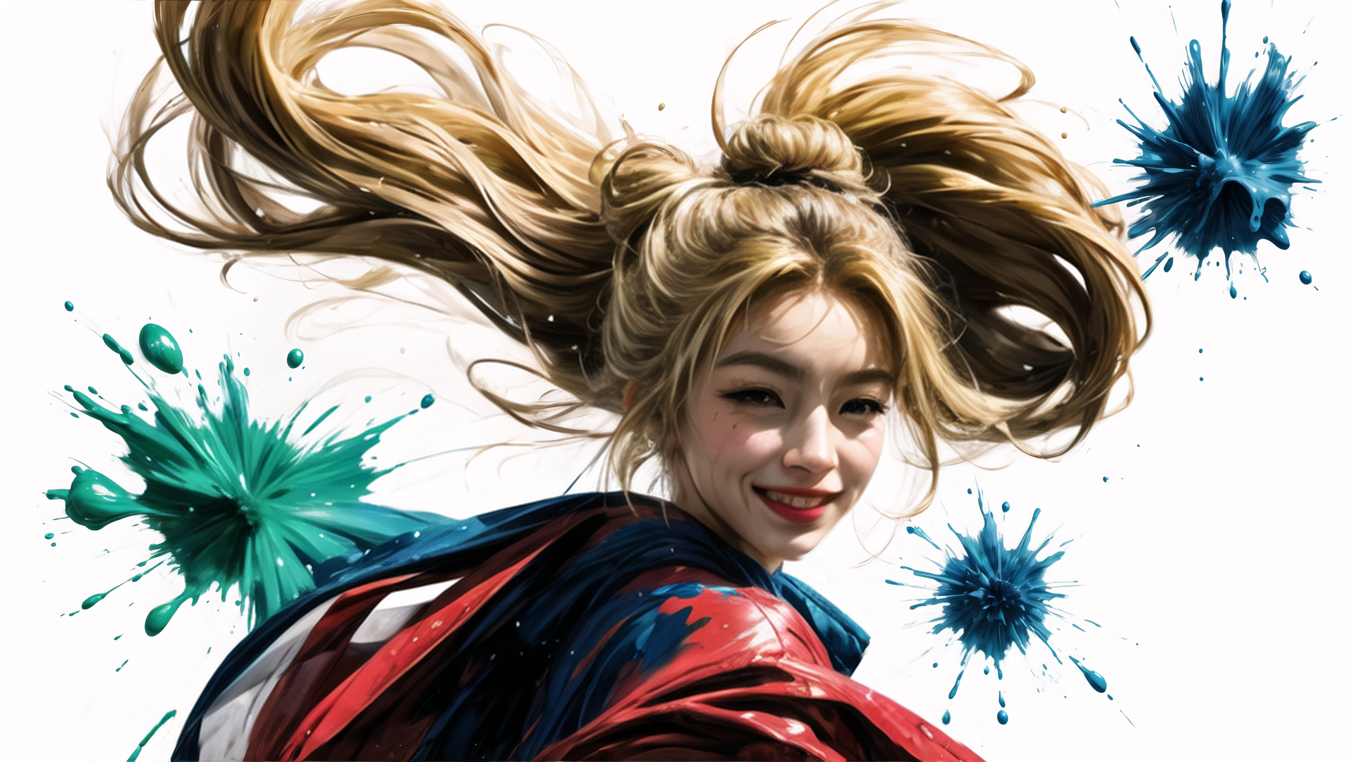 AI generated wallpaper featuring woman, hair, splashes