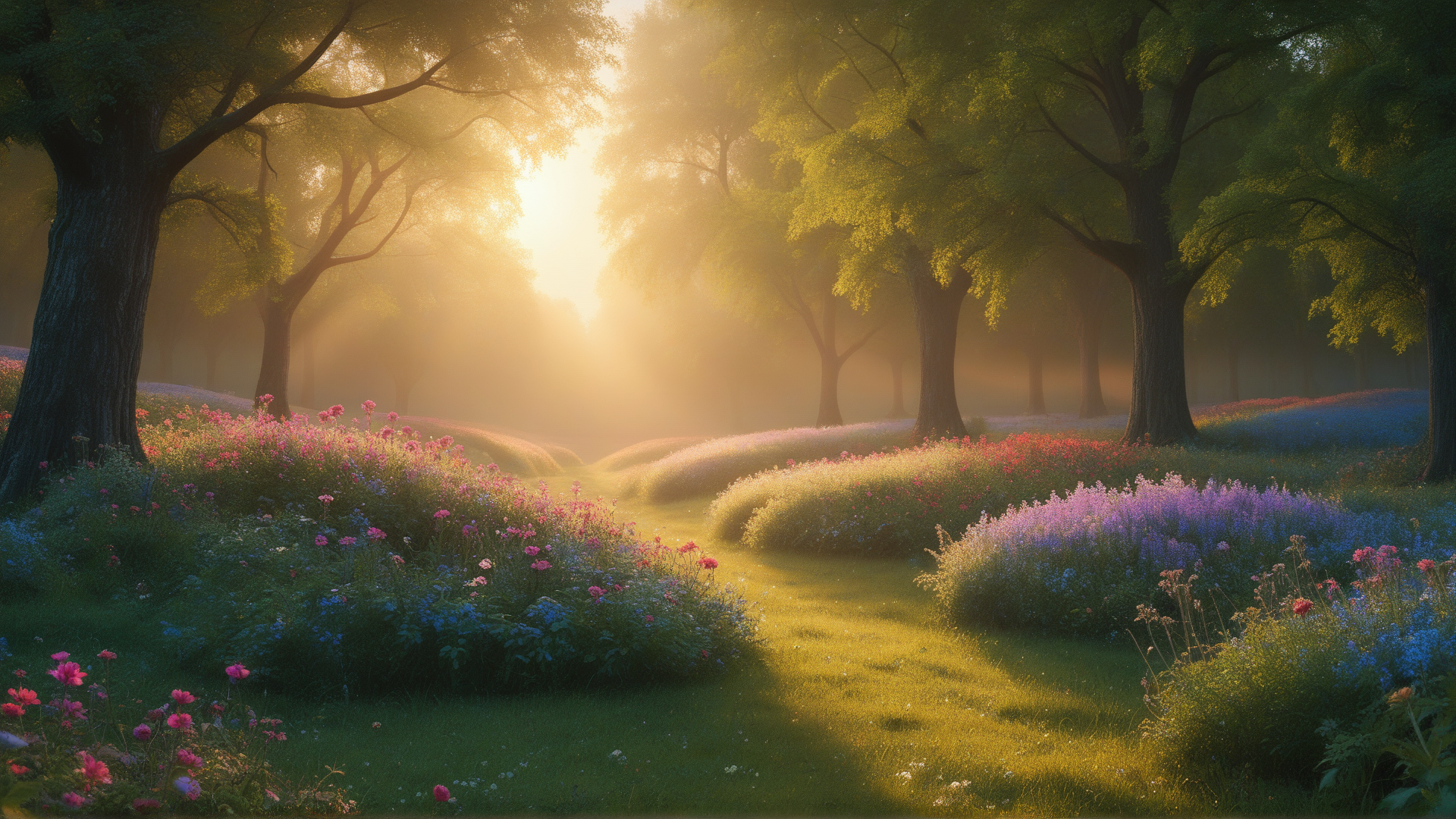AI generated wallpaper featuring trees, flowers, sunlight, meadow, path