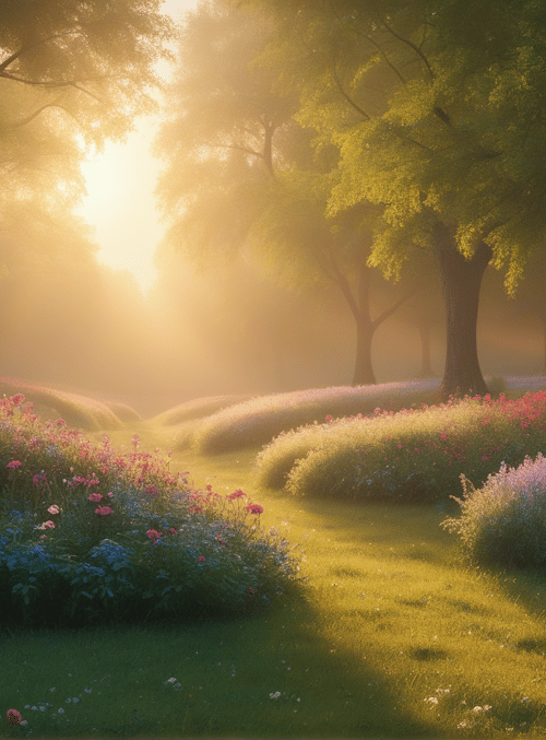 trees, flowers, sunlight, meadow, path