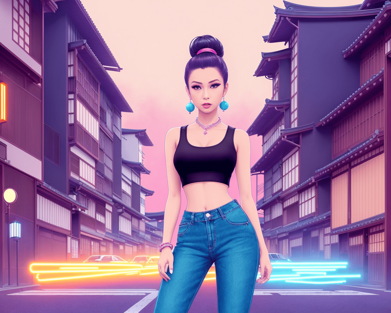 AI generated wallpaper featuring woman, street, building