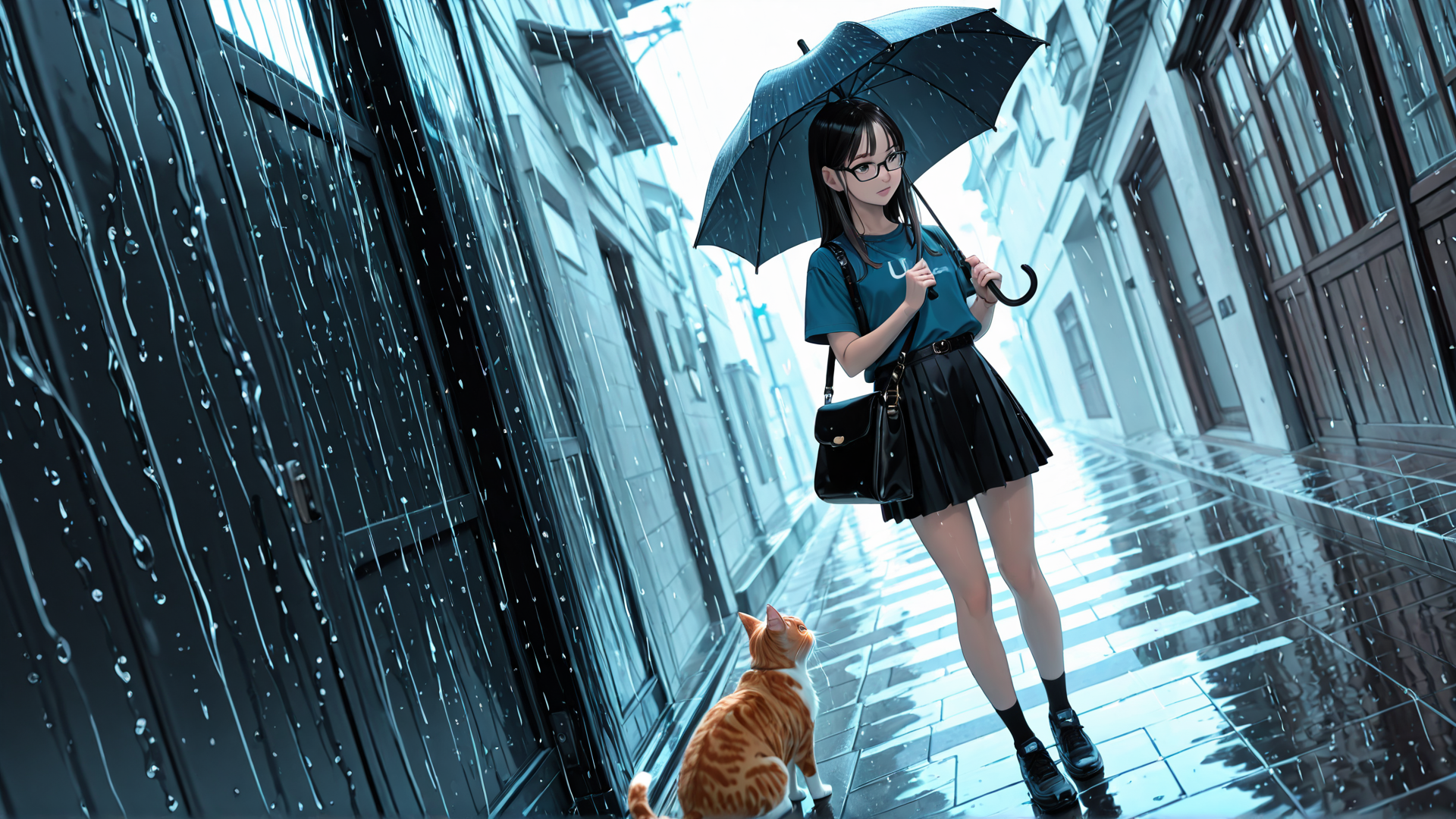 AI generated wallpaper featuring girl, cat, umbrella, alley, rain, building