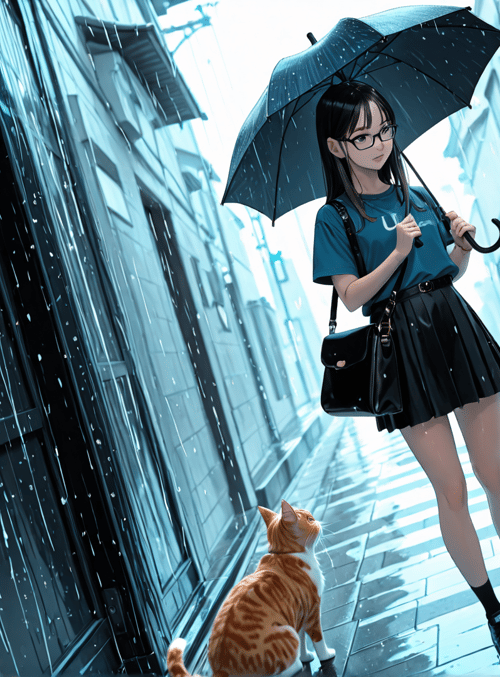 girl, cat, umbrella, alley, rain, building