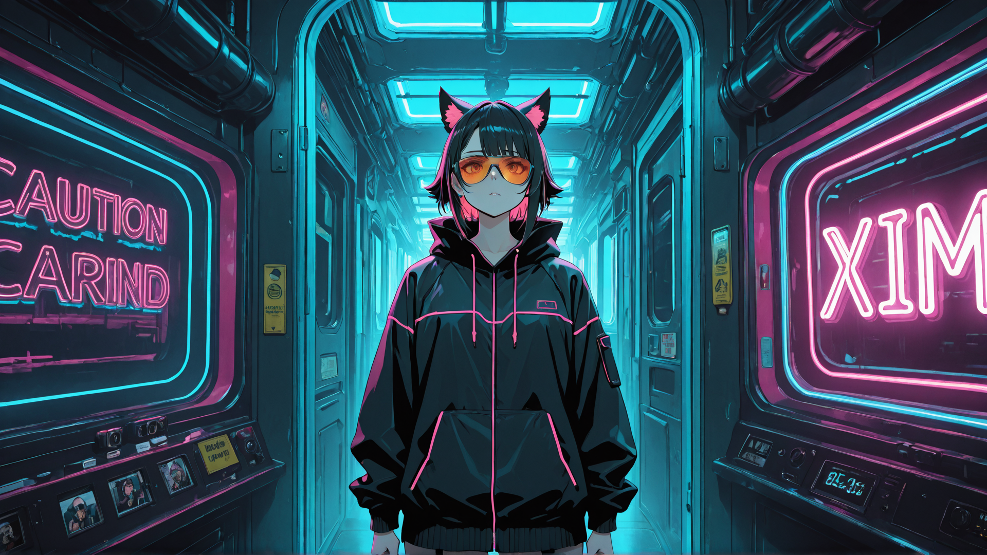 AI generated wallpaper featuring cat ears, glasses, hoodie, neon lights, train, anime