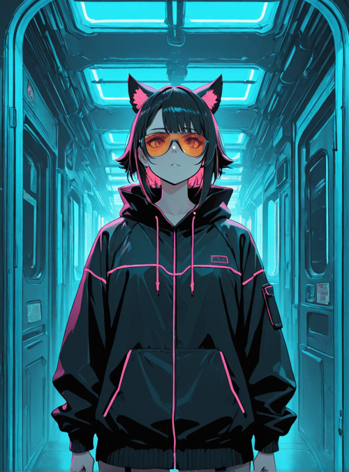 cat ears, glasses, hoodie, neon lights, train, anime