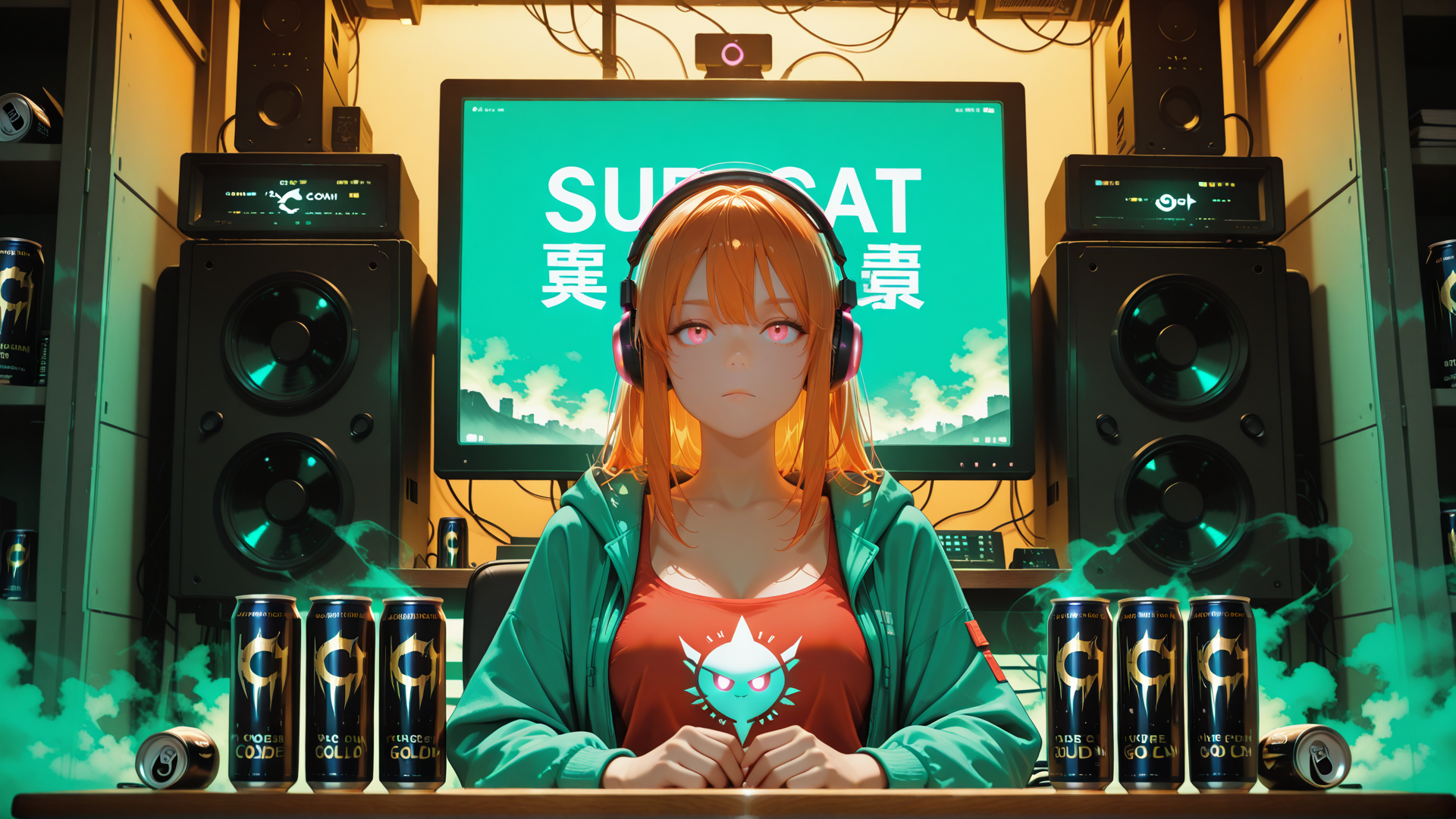 AI generated wallpaper featuring anime girl, gaming setup, headphones, speakers, energy drinks