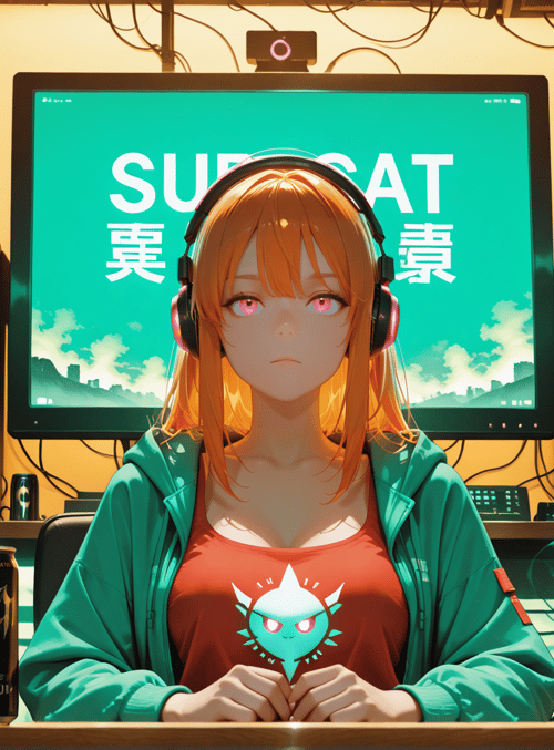 anime girl, gaming setup, headphones, speakers, energy drinks