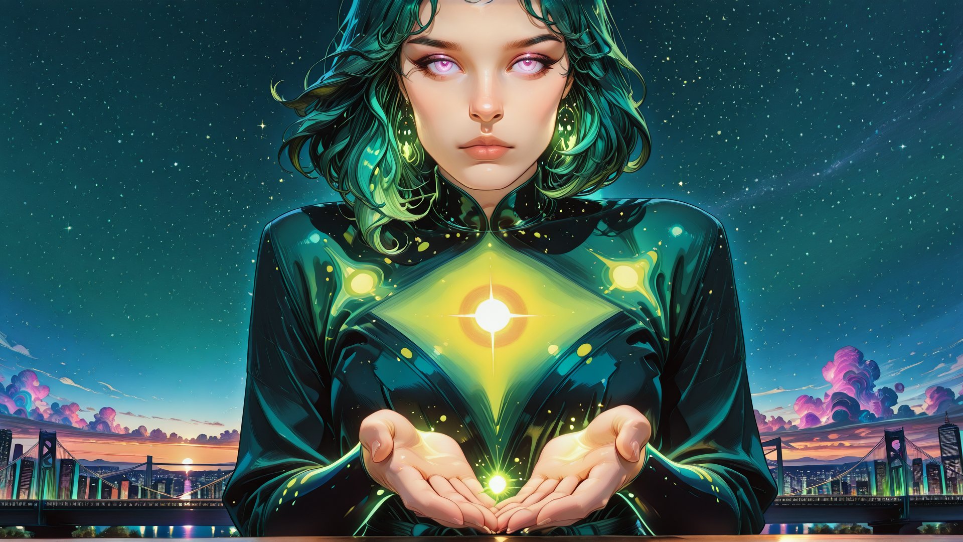 AI generated wallpaper featuring woman, hands, cityscape, bridge, stars