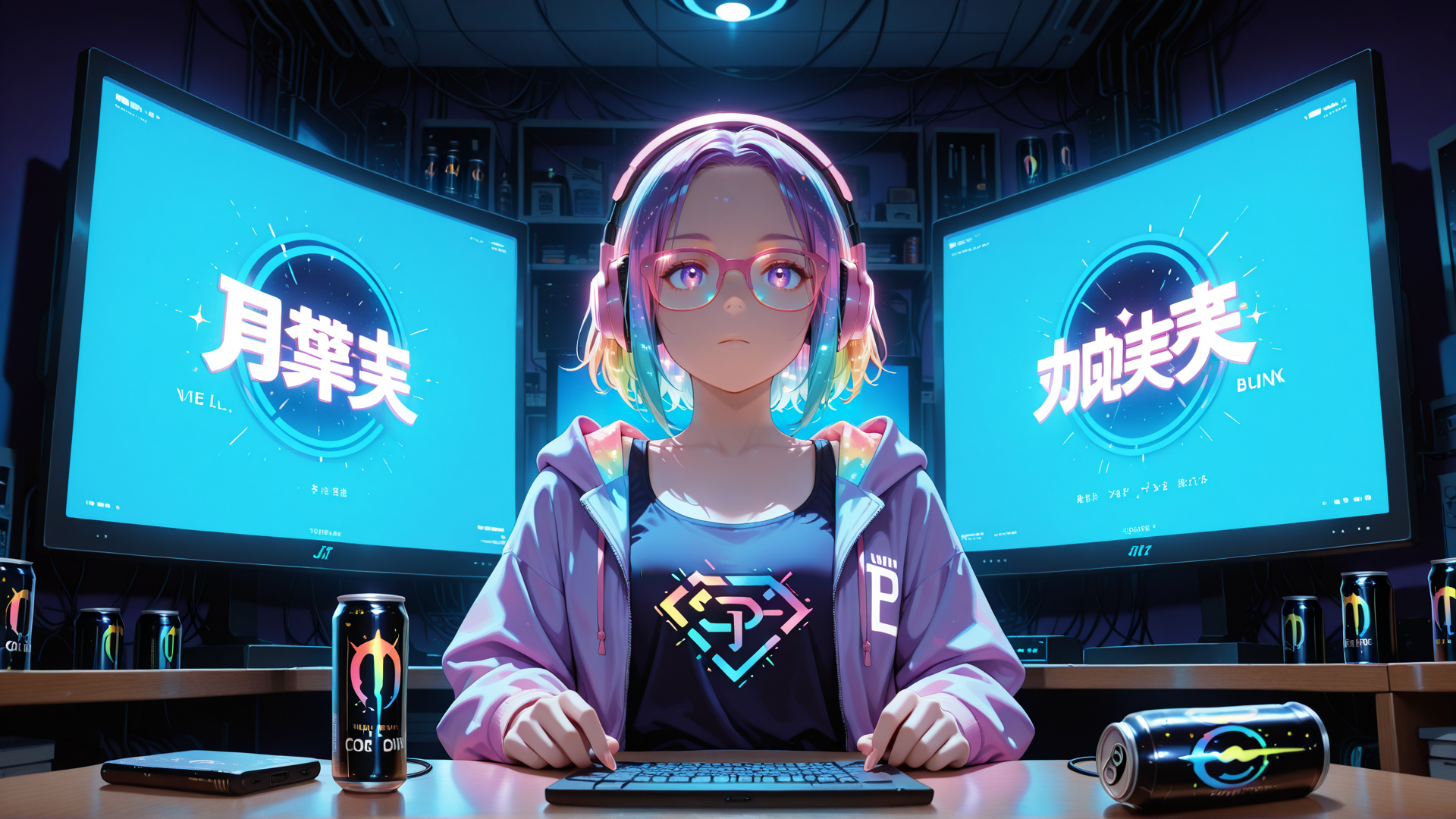 AI generated wallpaper featuring girl, gamer, monitor, headphones, can, keyboard