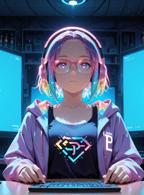 girl, gamer, monitor, headphones, can, keyboard