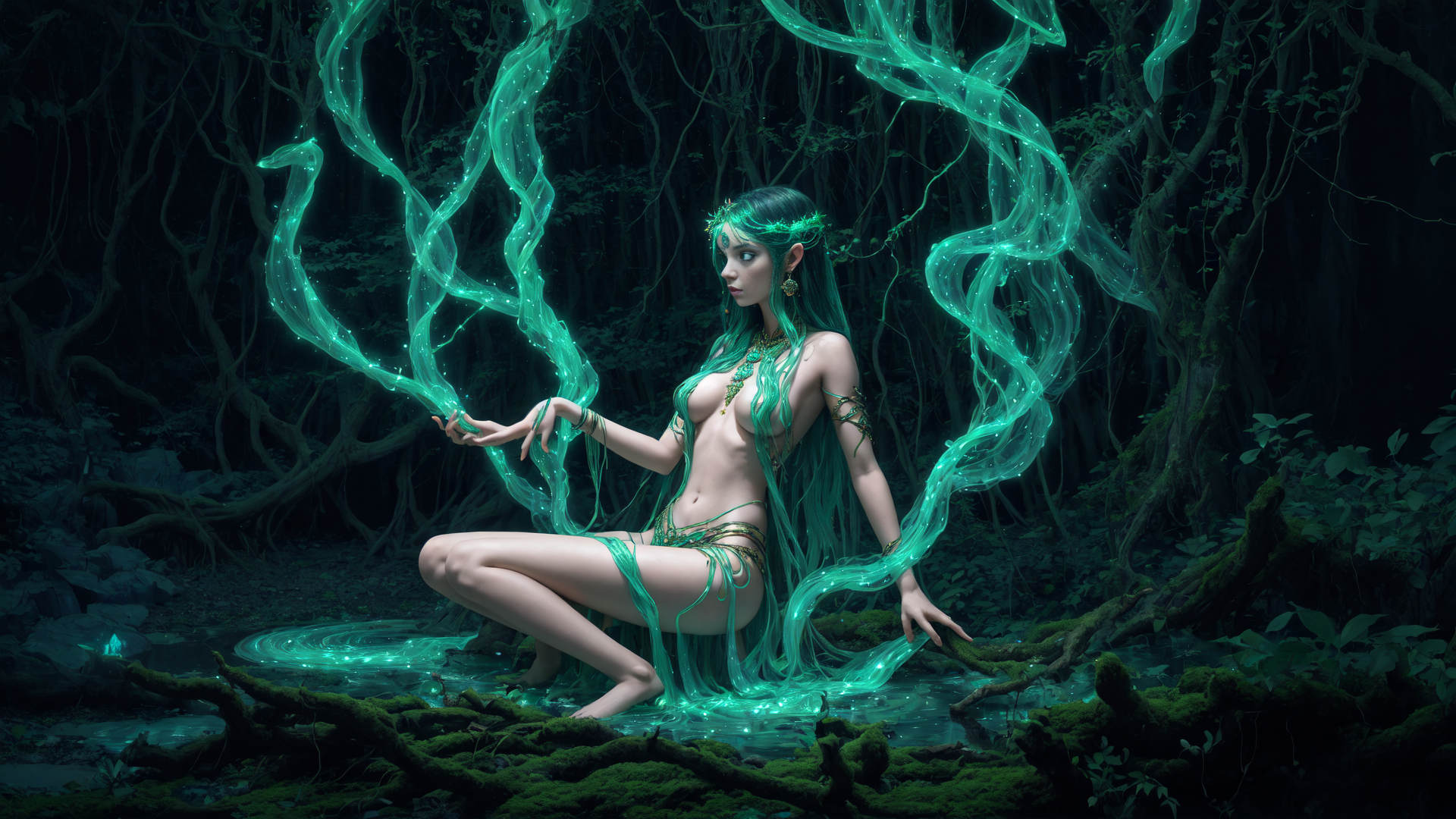 AI generated wallpaper featuring forest spirit, nature deity, enchanted woman