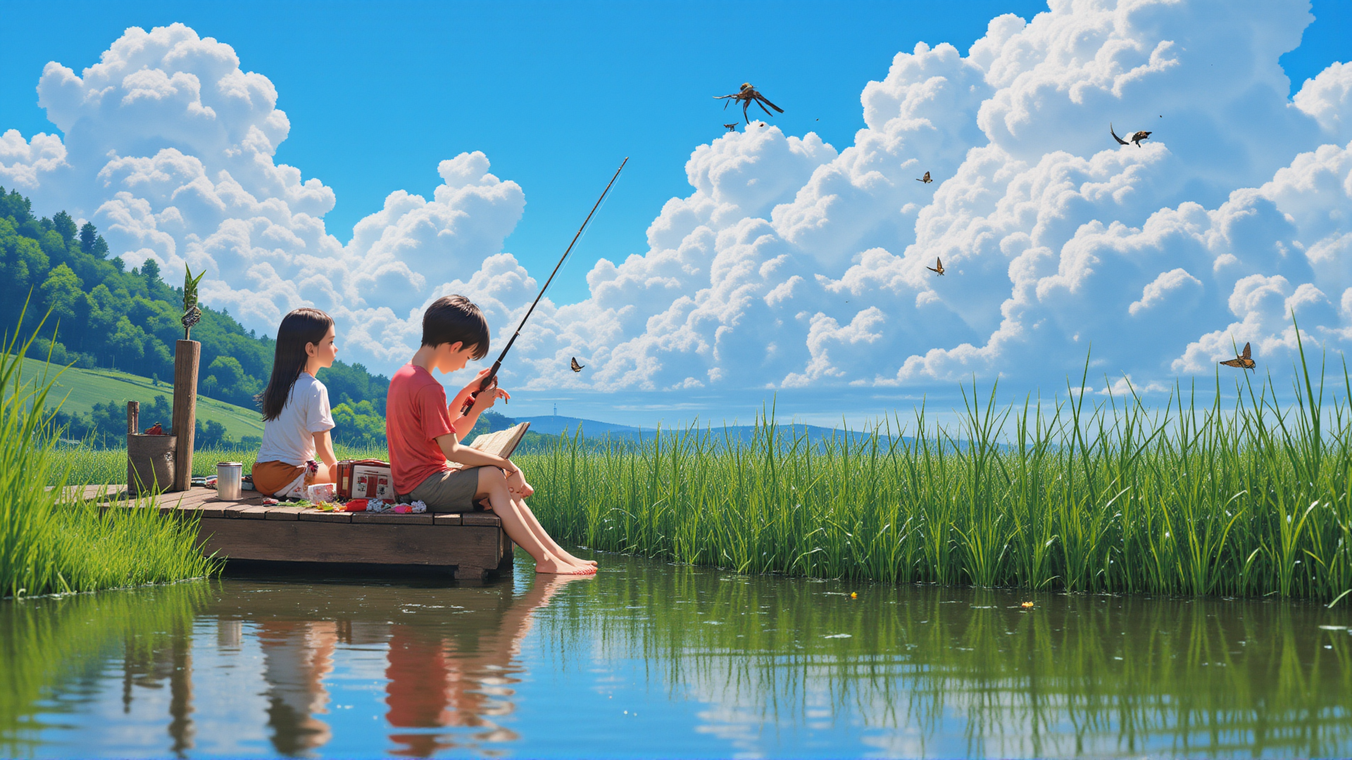 AI generated wallpaper featuring children, fishing rod, pond, butterflies, clouds, grass, wooden platform, mountains, book, water