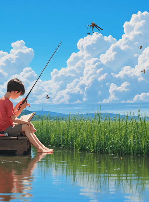 children, fishing rod, pond, butterflies, clouds, grass, wooden platform, mountains, book, water
