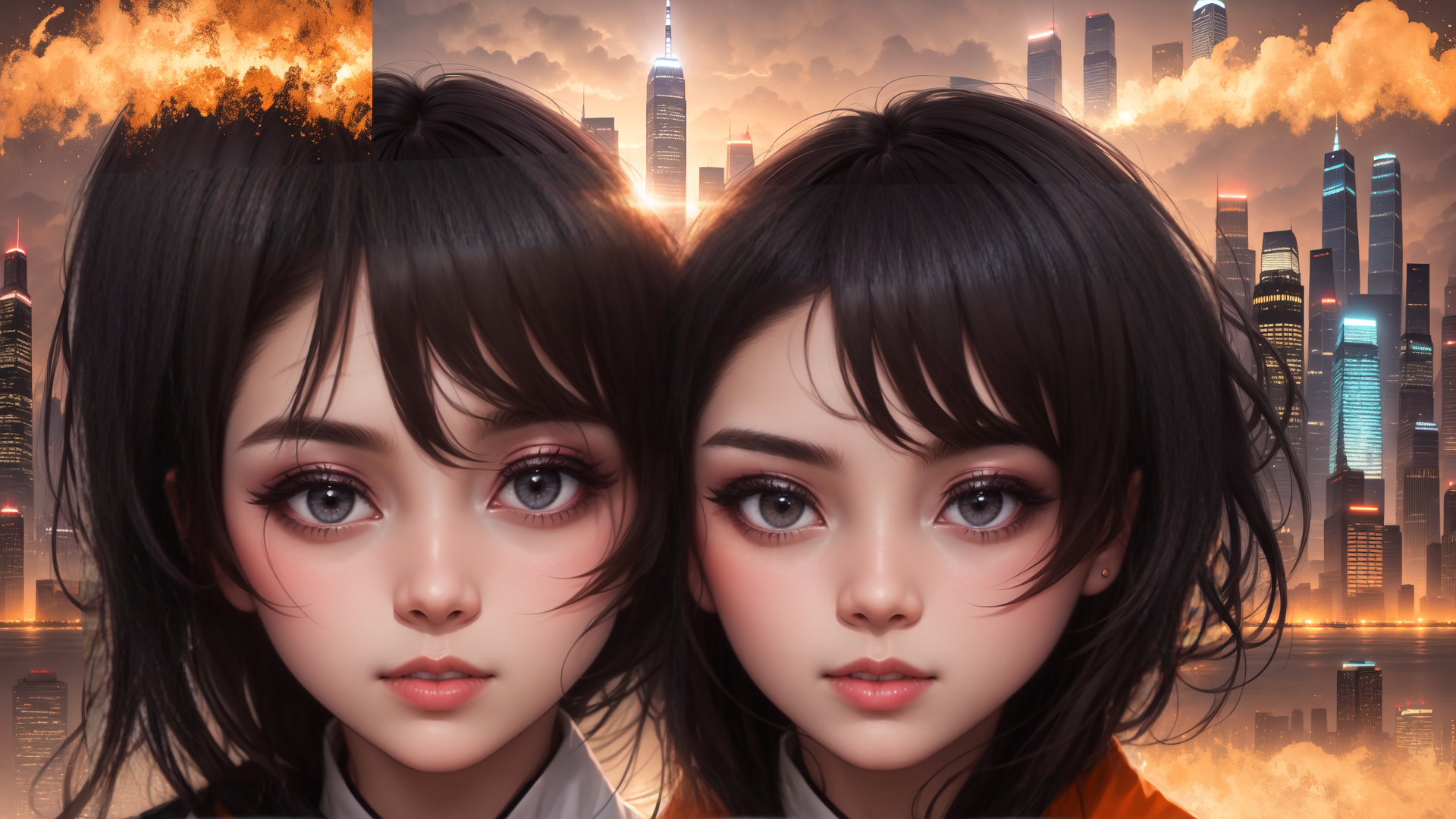 AI generated wallpaper featuring girl, cityscape, double