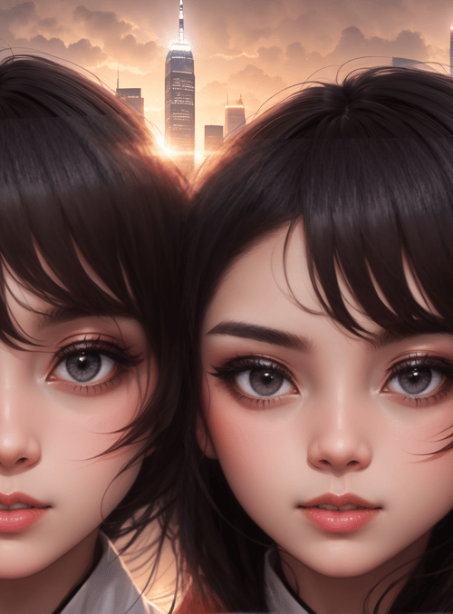 girl, cityscape, double