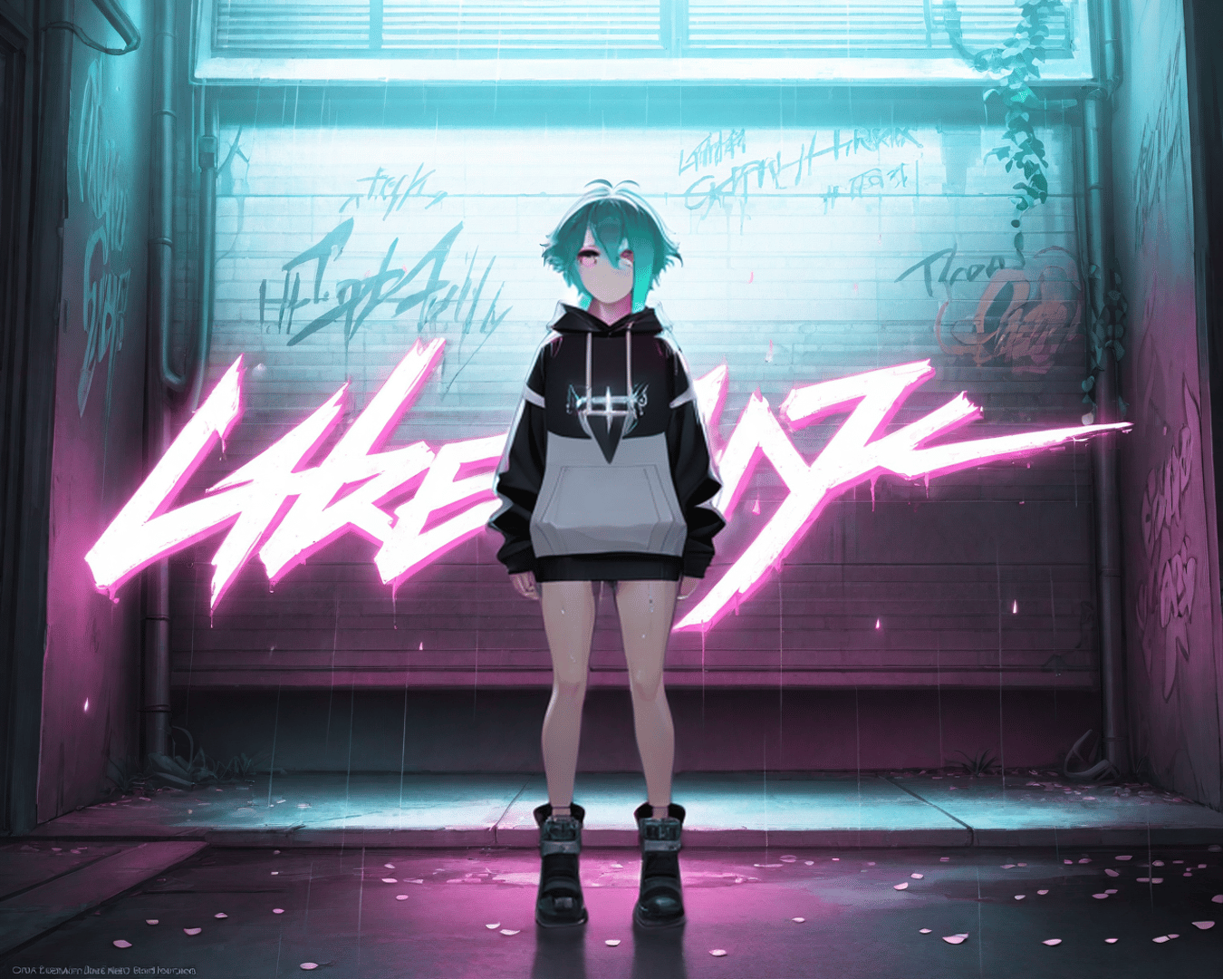 AI generated wallpaper featuring anime girl, graffiti, neon sign