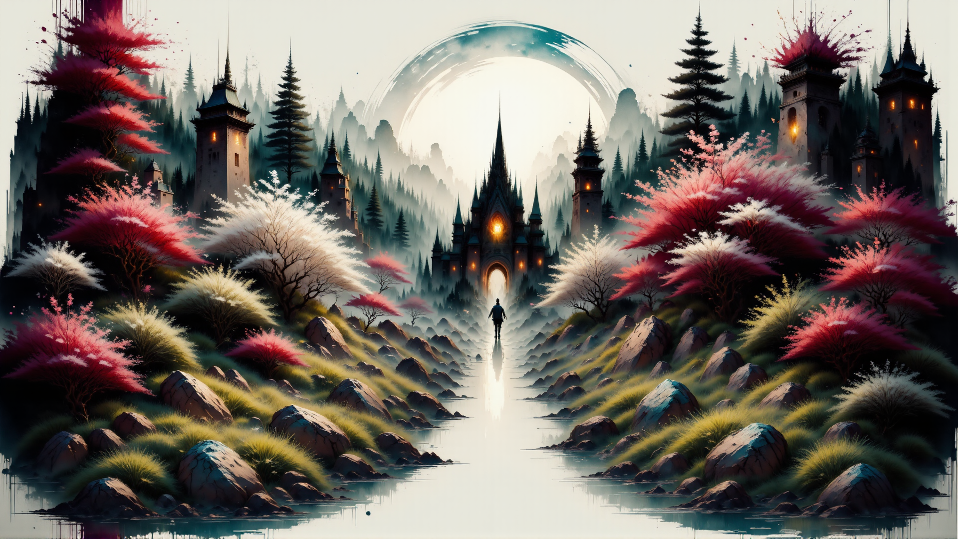 AI generated wallpaper featuring castle, person, trees, river, mountains