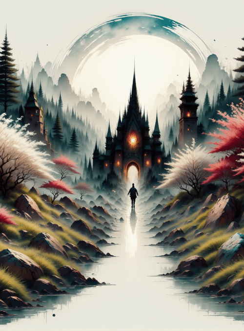 castle, person, trees, river, mountains