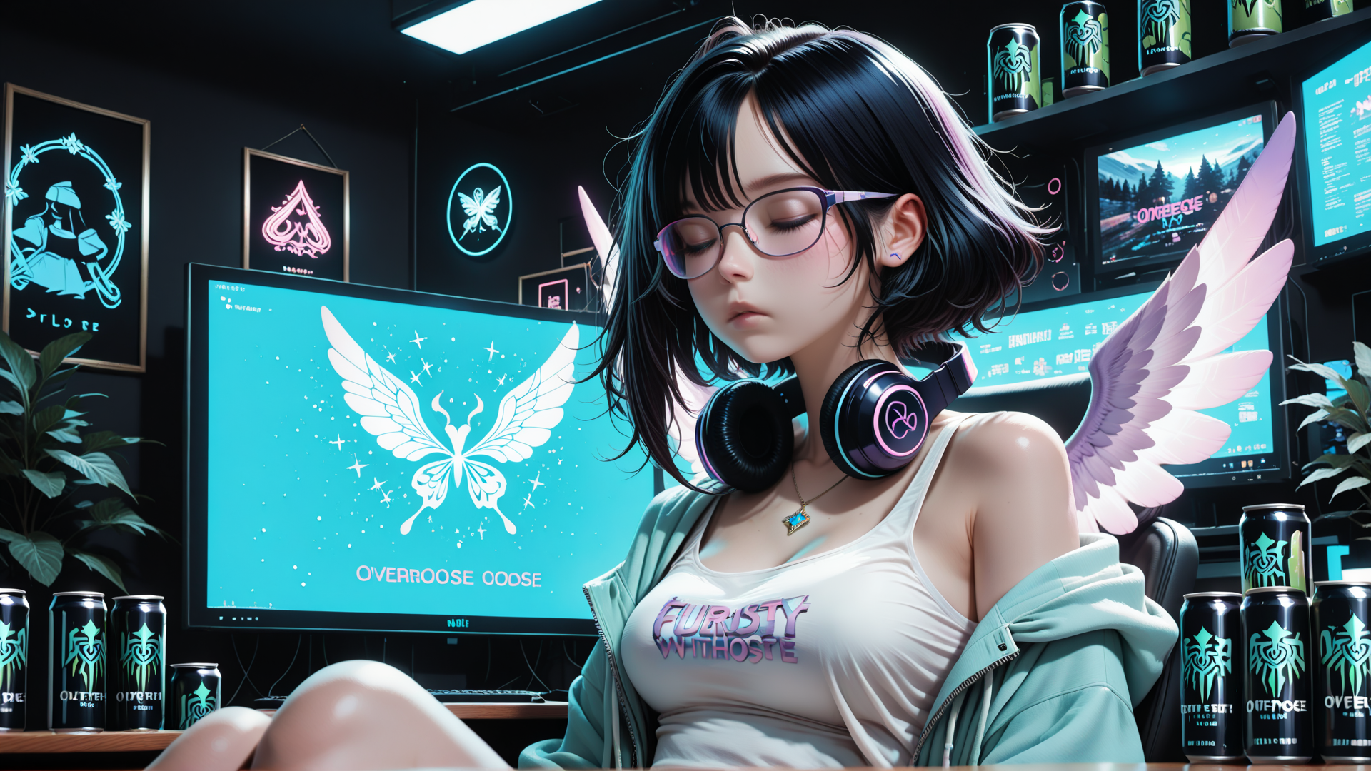 AI generated wallpaper featuring girl, gamer, angel wings, headphones, monitor, can, plant, jacket, glasses, t-shirt